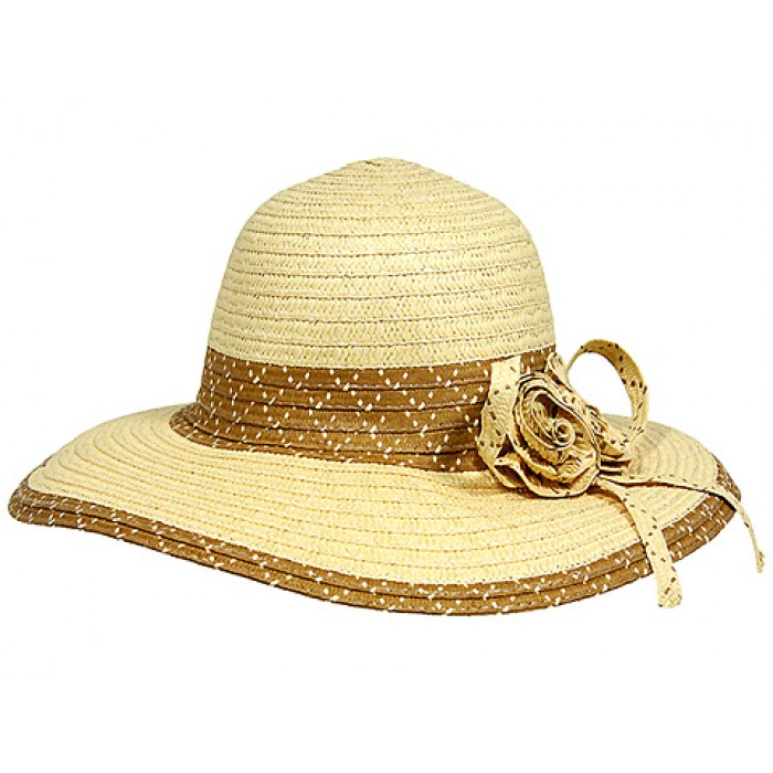 Wide Brim Hat - 2 Tones w/ Flower - Natural - HT-H2269NT